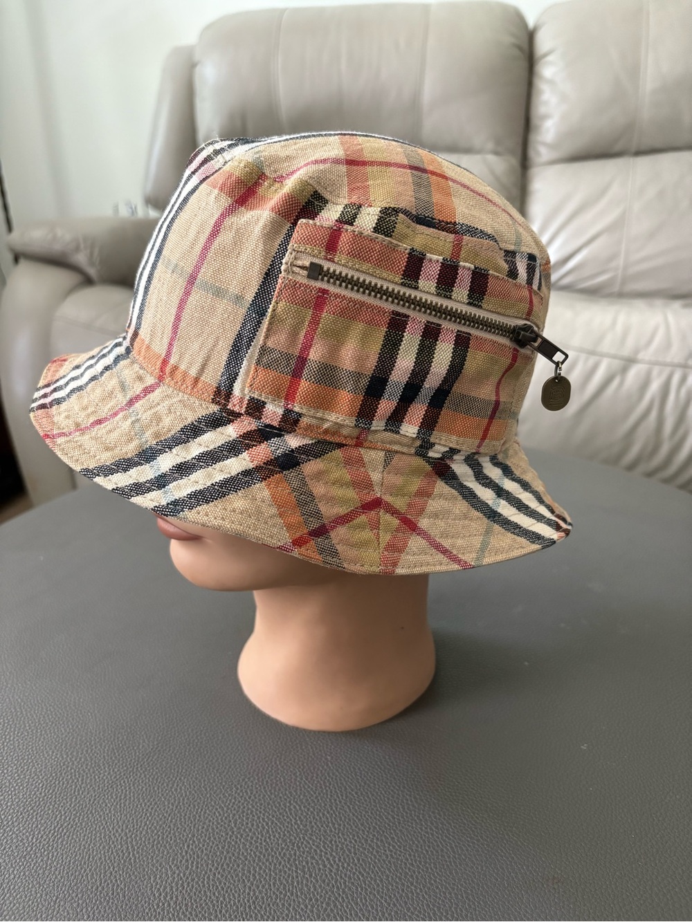 Burberry Nova Check Linen Bucket Hat with Side Zipper Pocket